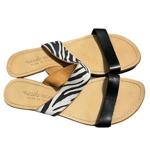 NICOLO VACARI size 9 tiger print leather strappy wedge sandals